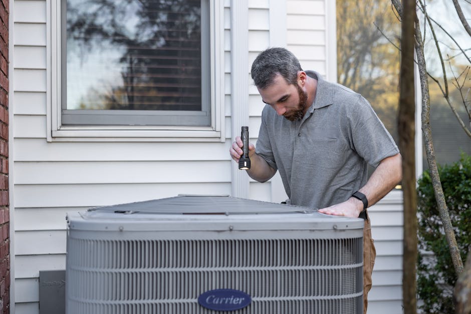 HVAC technician fixing a unit, showcasing essential repair services for first-time homeowners.