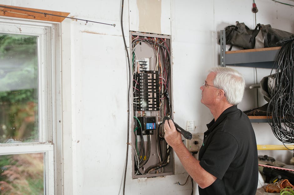 Professional electrician inspecting home wiring during a thorough electrical inspection in a residential setting.