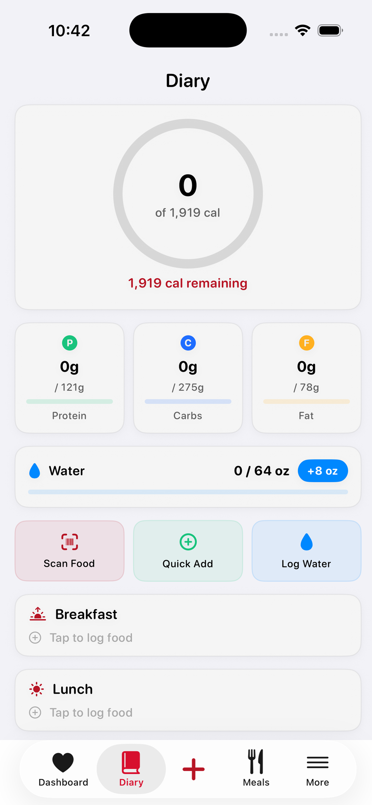 Food diary showing AI-logged meals with calorie and macro breakdown